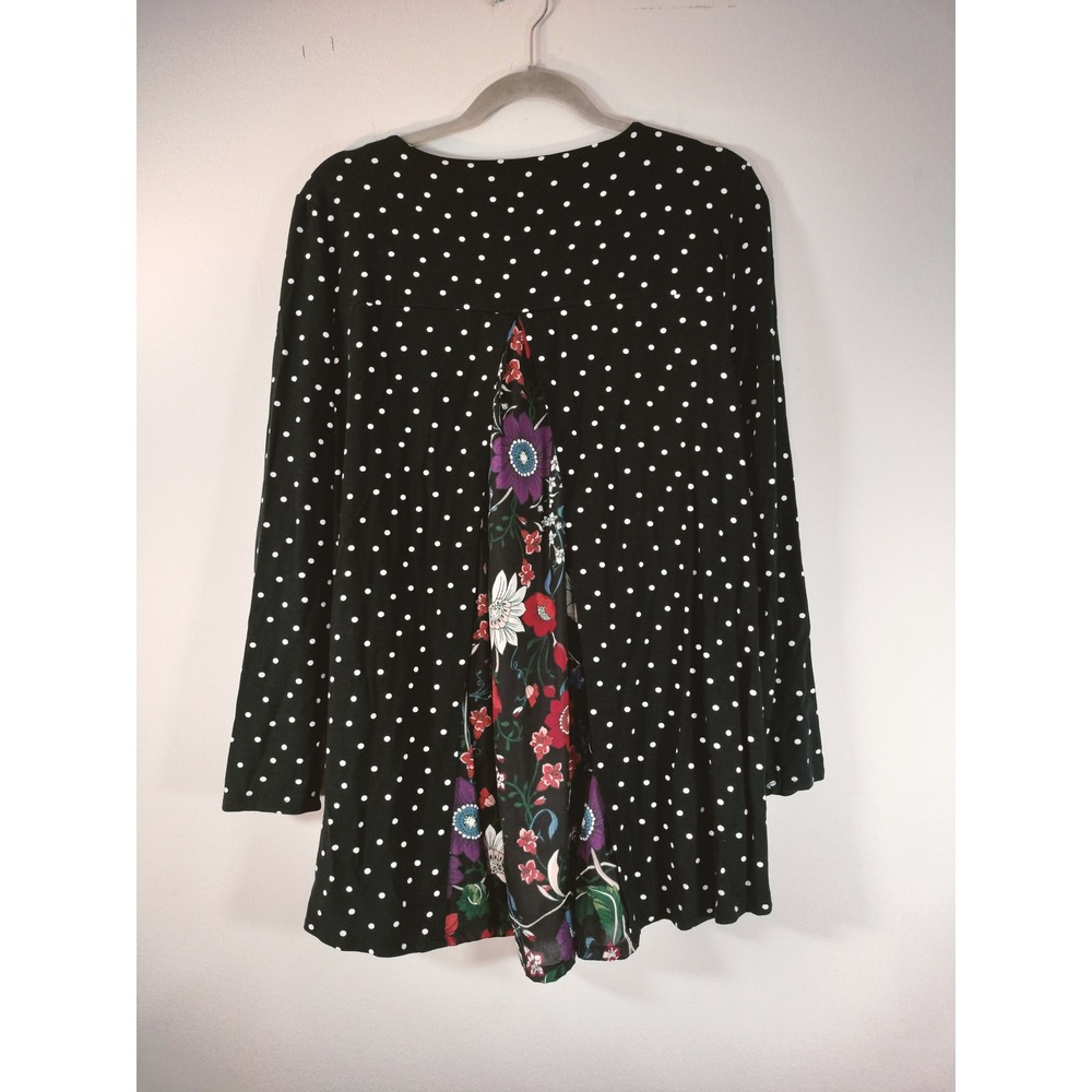Chicos Polka Dot Floral Back Inset Long Sleeve Tunic Top